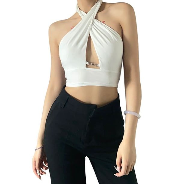 Womens Loose Fit Sleeveless Halter Neck Top with Twist and Buckle